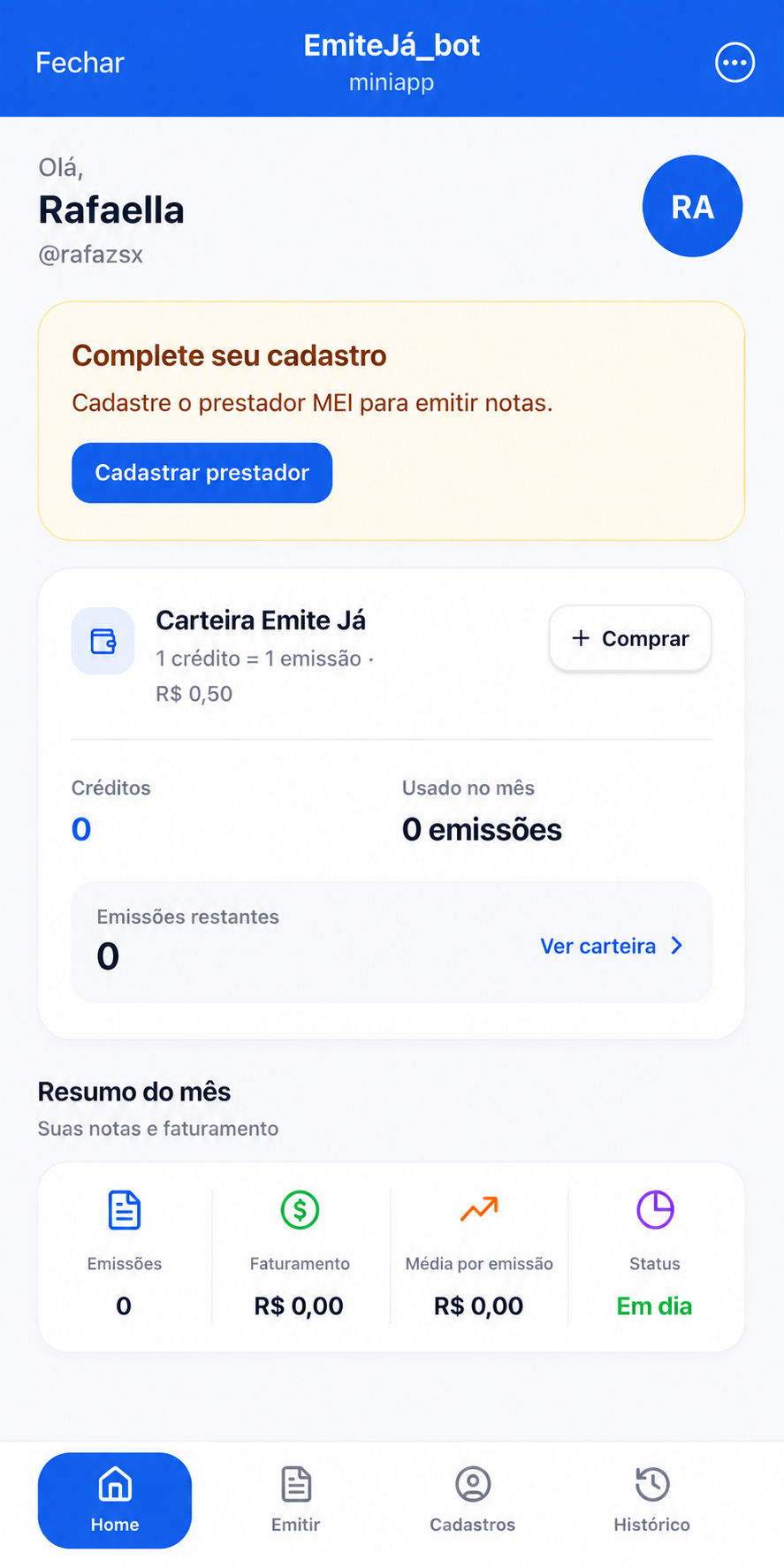 Tela inicial do EmiteJá no celular